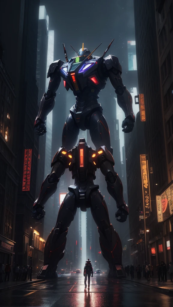 hyper realistic image, Masterpiece 4K esens cinematic sci-fi, Giant robot Evangelion style anime series, walking between the buildings of a city, made of polished steel with bright chrome colors, light and sparkle effects