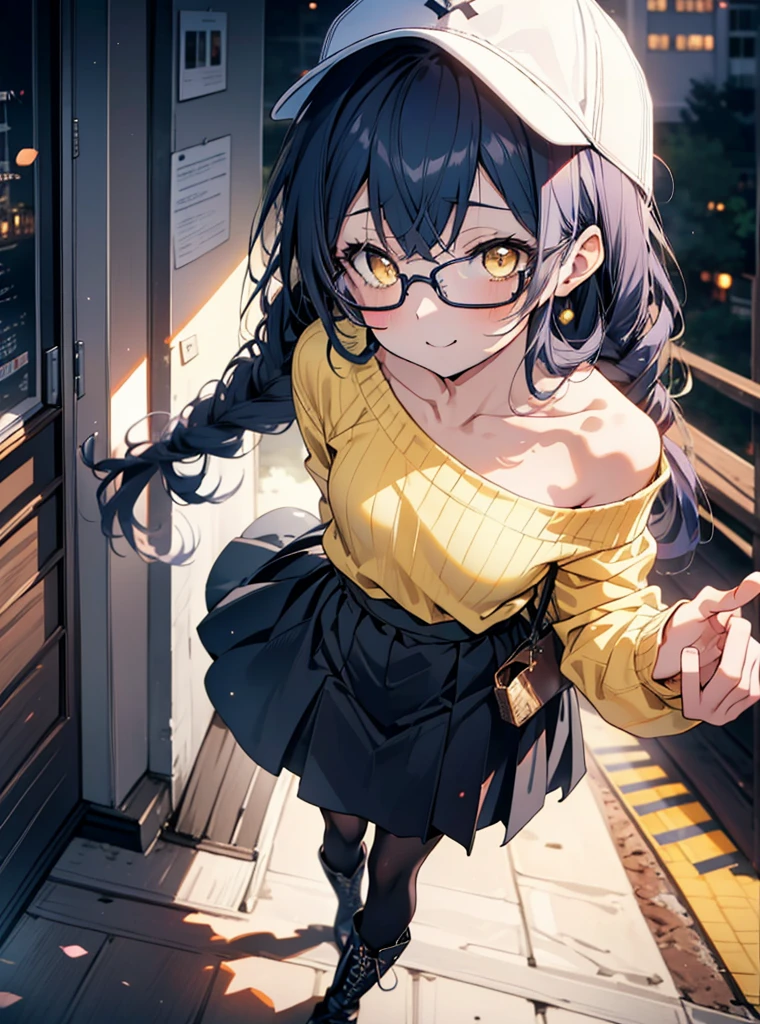 you like it, Umi Sonoda, Long Hair, Blue Hair, (Yellow Eyes:1.5) (Flat Chest:1.2),Blue one-shoulder sweater,Long skirt,Black Pantyhose,short boots,Baseball cap,Black-rimmed glasses,Long braids,smile,walk,morning,morning陽,The rising sun,On the way to school,whole bodyがイラストに入るように,
break looking at viewer,whole body,
break outdoors, station,
break (masterpiece:1.2), Highest quality, High resolution, unity 8k wallpaper, (shape:0.8), (Beautiful attention to detail:1.6), Highly detailed face, Perfect lighting, Extremely detailed CG, (Perfect hands, Perfect Anatomy),