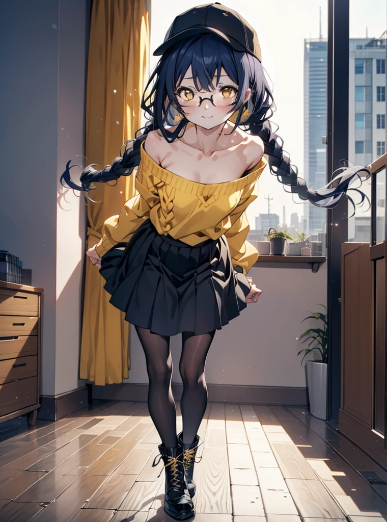 you like it, Umi Sonoda, Long Hair, Blue Hair, (Yellow Eyes:1.5) (Flat Chest:1.2),Blue one-shoulder sweater,Long skirt,Black Pantyhose,short boots,Baseball cap,Black-rimmed glasses,Long braids,smile,walk,morning,morning陽,The rising sun,On the way to school,whole bodyがイラストに入るように,
break looking at viewer,whole body,
break outdoors, station,
break (masterpiece:1.2), Highest quality, High resolution, unity 8k wallpaper, (shape:0.8), (Beautiful attention to detail:1.6), Highly detailed face, Perfect lighting, Extremely detailed CG, (Perfect hands, Perfect Anatomy),