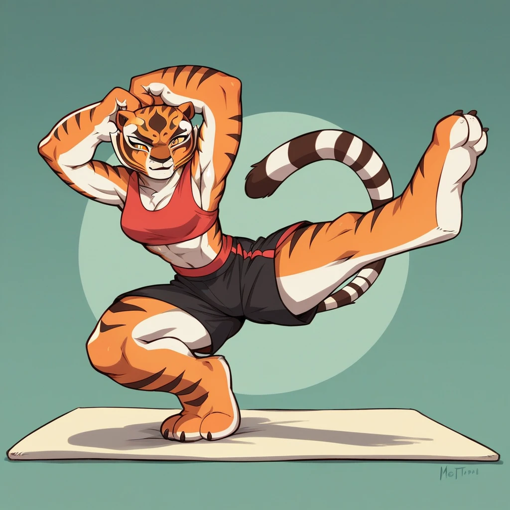 Kung Fu Panda, Master Tigress, Pose, Yoga, wearing black shorts,