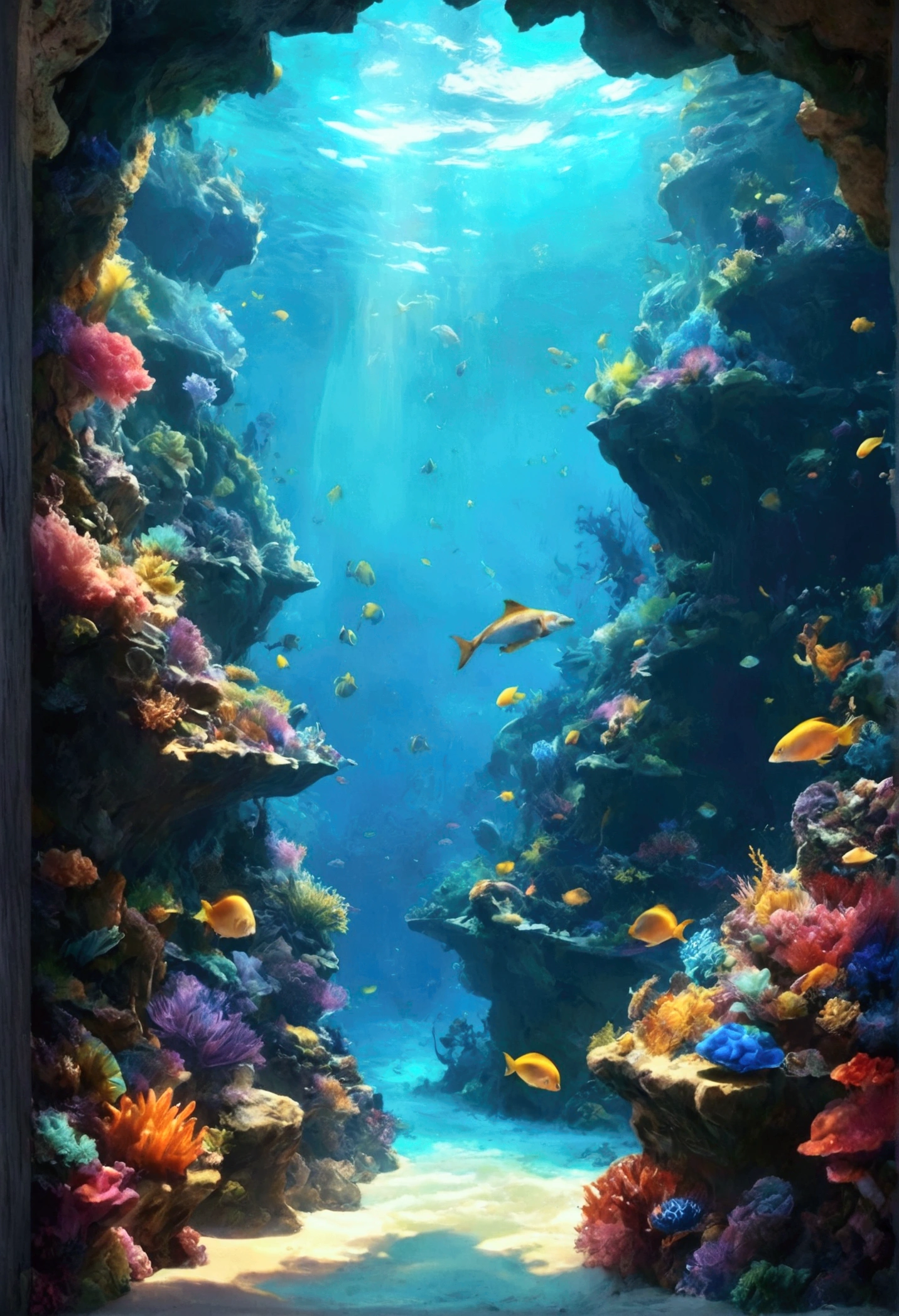 Deep Sea Paradise,Iridescent glow,A bright and relaxing atmosphere,An atmosphere of happiness and hope,High-definition, realistic depiction.