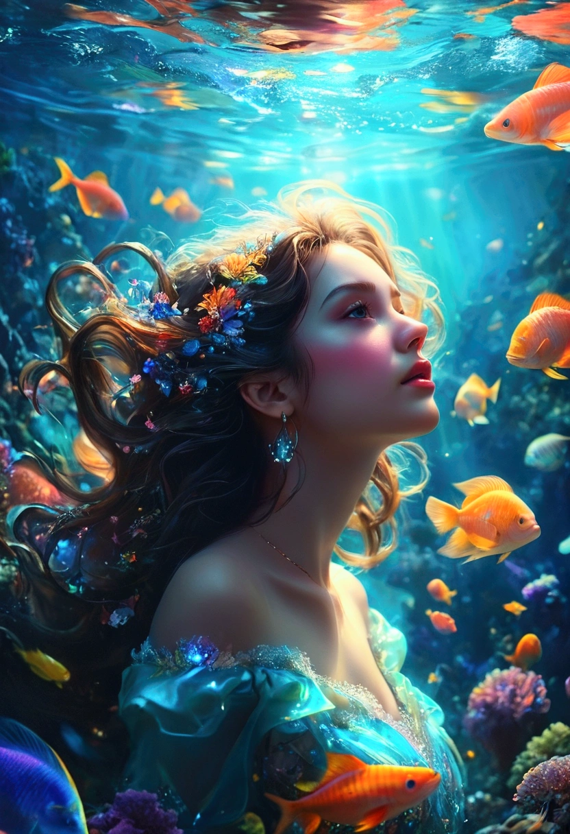 Deep Sea Paradise,Iridescent glow,A bright and relaxing atmosphere,An atmosphere of happiness and hope,High-definition, realistic depiction.