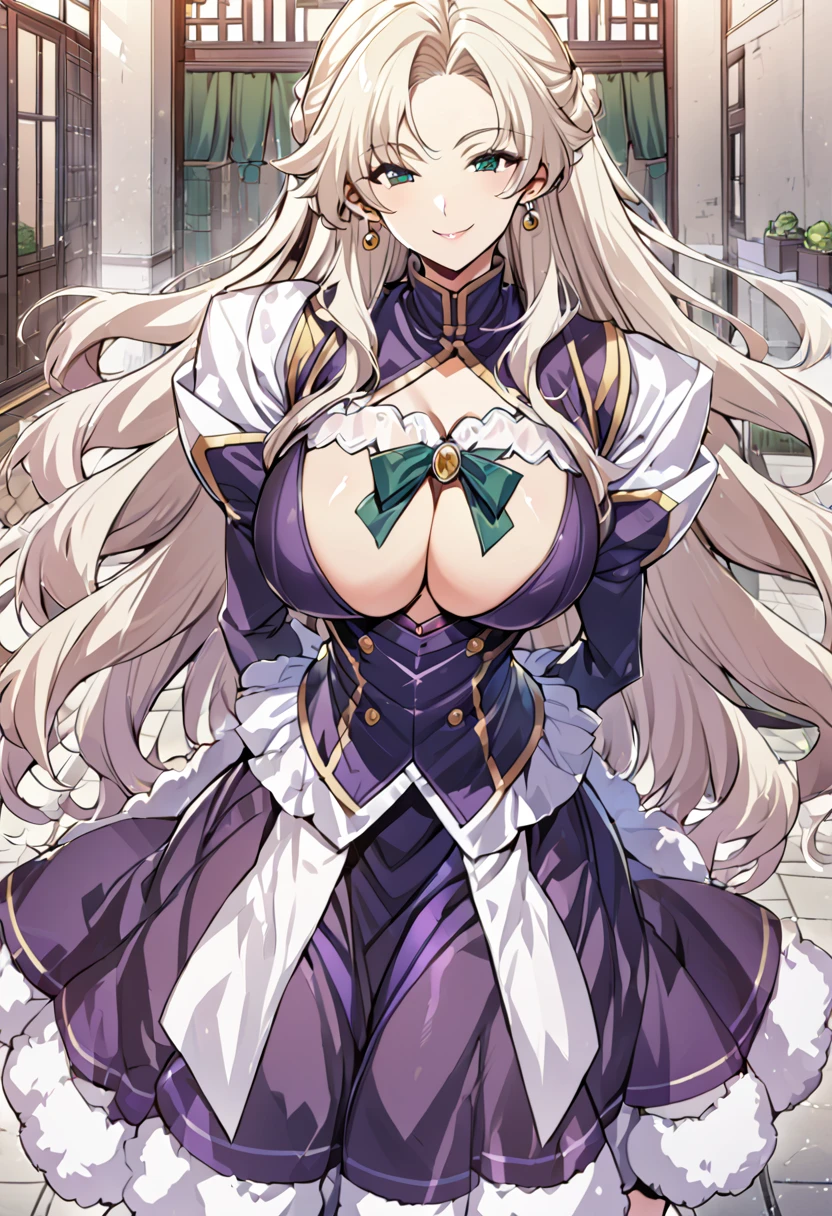 Anime, 1 girl, Fluffy hairstyle, dark-ivory colored Long hair, Green eyes, large round earings, busty, big and round buson, firm body, purple genetics's uniform, Juliet sleeves, deep cleavage, skirt, smile,