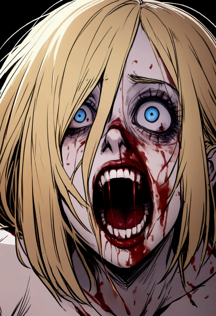 dark, horror, psycho, gore, creepy, blood, head split, disfigured, brutal, blood, bloody, violence, r18, insane, woman with a blonde bob and blue eyes