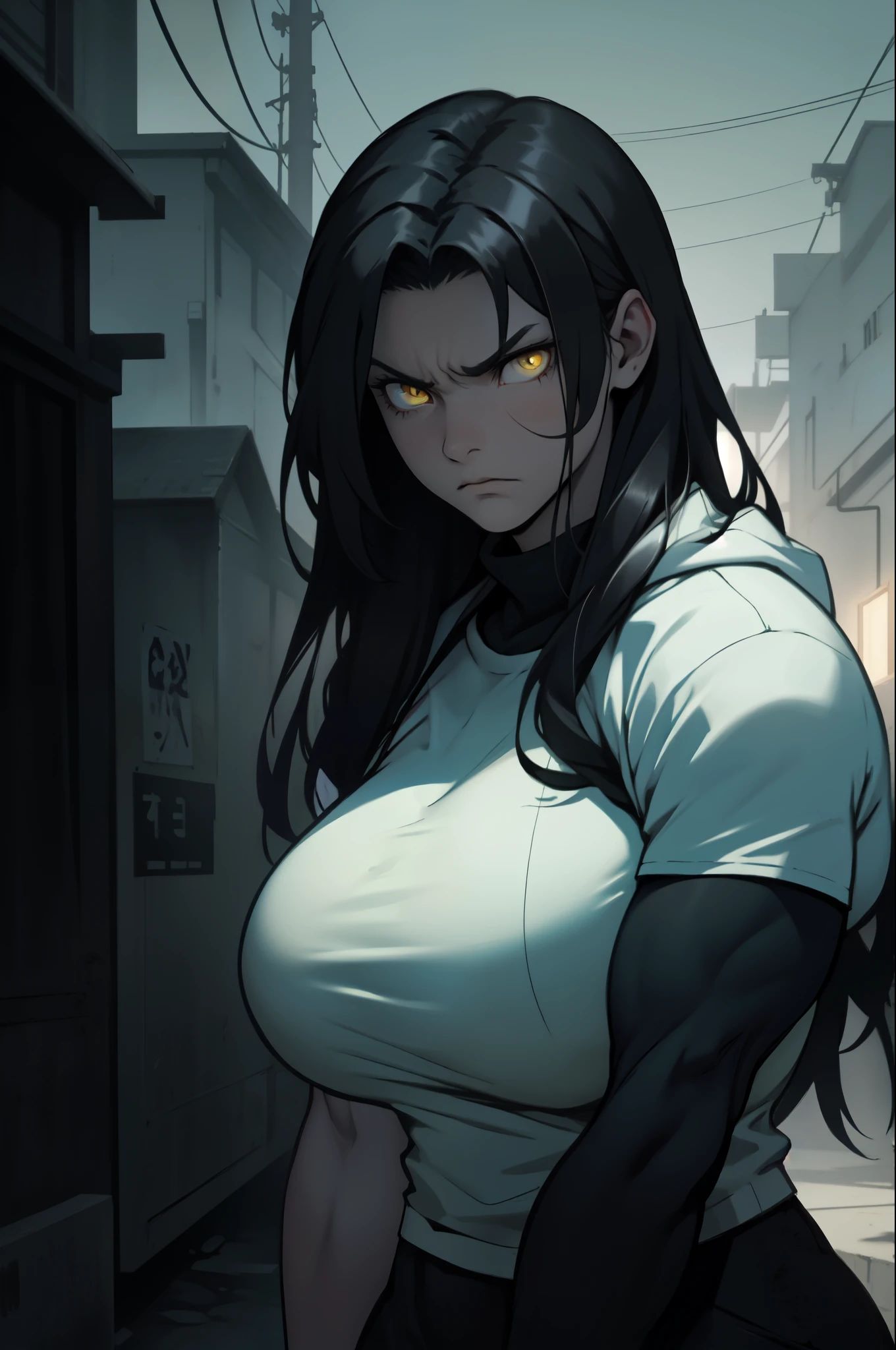 giant muscles huge breasts massive hair pale skin black hair yellow eyes long straight hair angry sad sad girl sad dark atmosphere