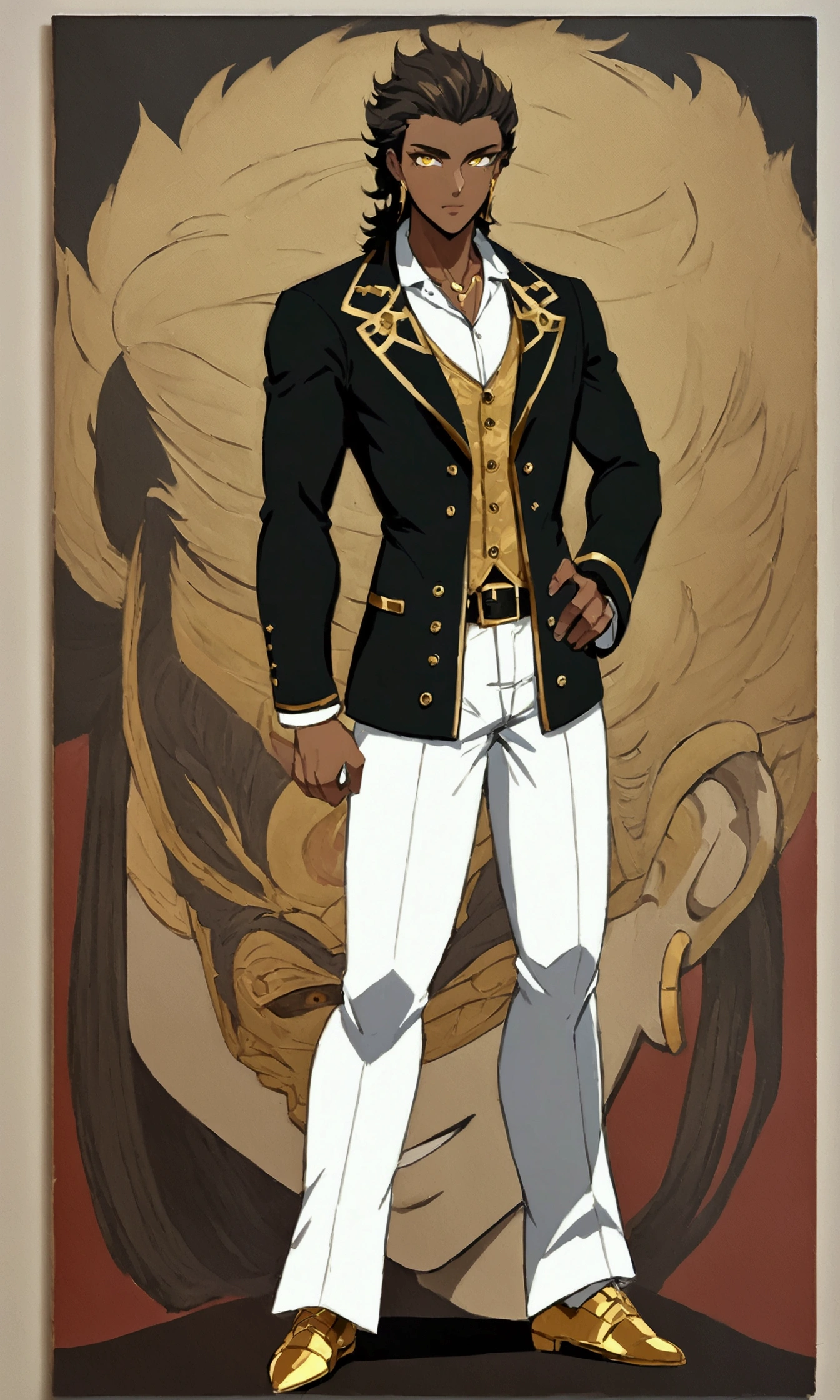 Dark-skinned young man, yellow eyes and black jacket, slickedback hair, not anime style, colourful drawing, unrealistic character concept, Portrait of my character concept, detailed portrait of the character, anime style character, anime style portrait, a character portrait, cel - shaded art style, His outfit consists of a black, unbuttoned blazer with gold buttons on the front of the blazer and at the bottom of the sleeves and he wears a white V-neck shirt, White pants, a large black belt with a gold buckle, a smaller black belt hanging from the side of the hip, and is wearing beige shoes with black buckles, inspirado por King of Fighte