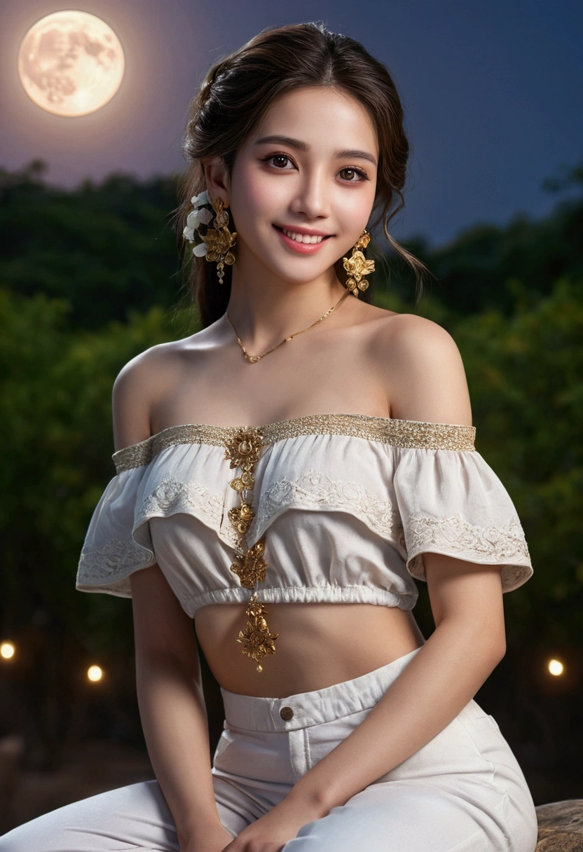 jasmine 1girl, solo, looking at viewer, smile, shirt, bare shoulders, jewelry, sitting, full body, flower, earrings, pants, off shoulder, crop top, makeup, bird, border, moon, full moon, off-shoulder shirt (realistic:1.2), (realism), (masterpiece:1.2), (best quality), (ultra detailed), (8k, 4k, intricate),(full-body-shot:1), (85mm),light particles, lighting, (highly detailed:1.2),(detailed face:1.2), (gradients), sfw, colorful,(detailed eyes:1.2)(detailed background),detailed landscape, (dynamic angle:1.2), (dynamic pose:1.2), (rule of third_composition:1.3), (Line of action:1.2)