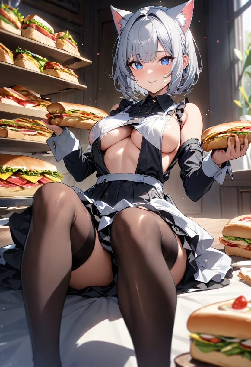 1girl、(((best quality)), ((masterpiece)), (details), masterpiece, best quality, high quality, ulutra detailed, perfect face, ((1girl, Blue eyes, cat ears: 1.ilver bob hair: 2.5,))、Shiny Hair、Glowing Skin、Happy face、Lustful look、Maid-style topaid-style skirt、I can see my toned stomach、Knee-high stockings、Sideboob、Underboob、Making hearts with your hands、Heart effect、There are many sandwiches on the table、lunch