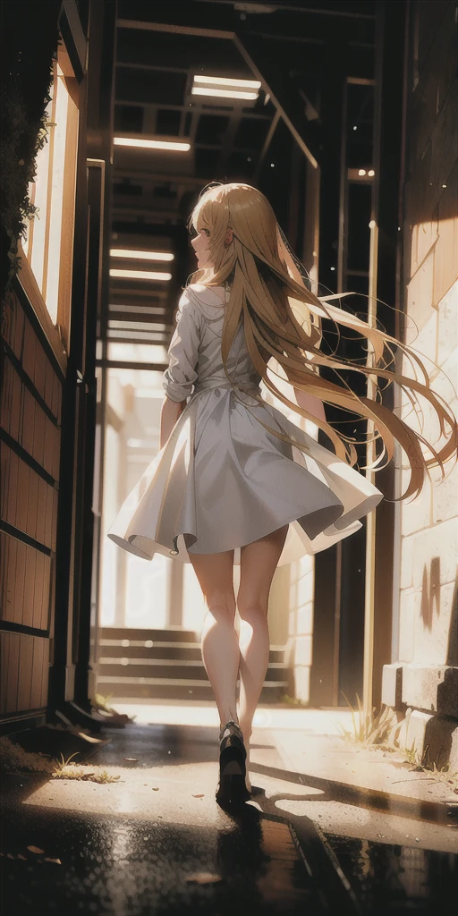 Highest quality, masterpiece, High resolution, One girl,Wearing an angled dress,Ash gold hair々It is shining now,Hair down to the knees,A girl is walking towards the back, facing forward.,whole body,In a dark tunnel,The back is faintly shining
