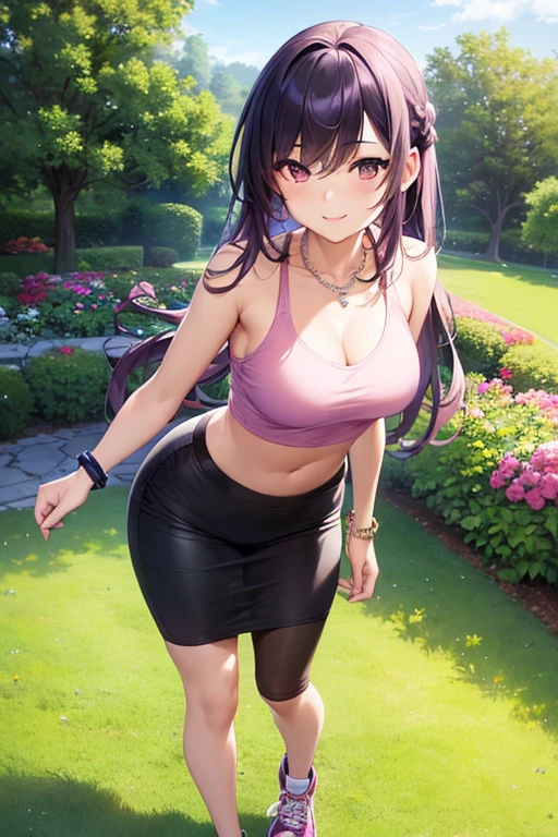((masterpiece, best quality, ultra-detailed)), 1girl, beautiful woman walking through a summer garden, smiling, wearing pink tank top, crop top, bracelet, necklace, black midi pencil skirt, midriff, sneakers, full body, purple hair