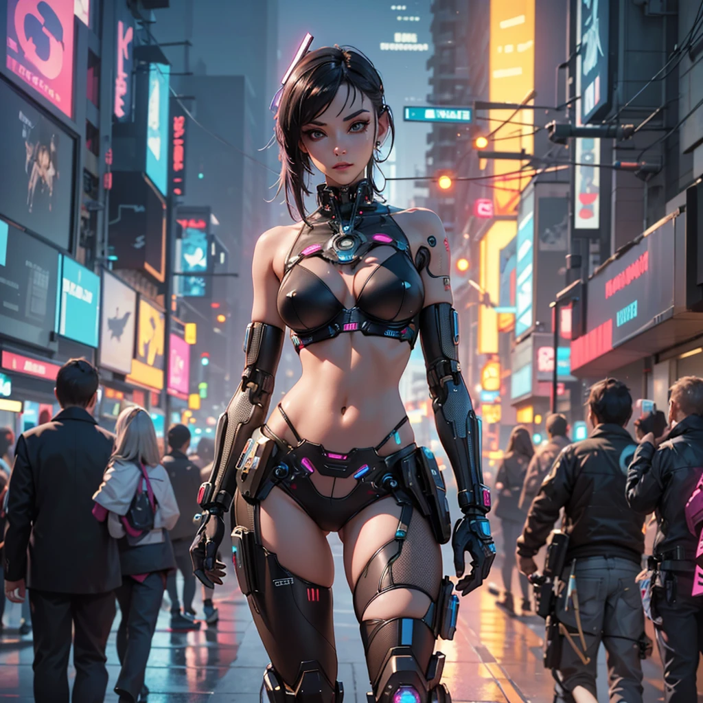 , , cyberpunk Girl , ,full body picture, robot implants, circuit body,thin micro bikini, ,,beautyful face, ,sharp picture, high quality, ultrarealistic, 3D, bigital illustration, Cyberpunk style,