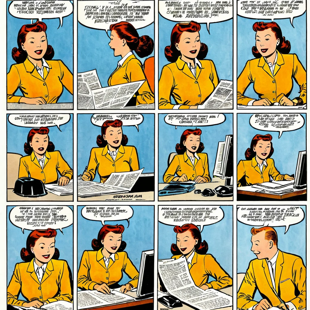 Erotic 6-panel comic, comic, 6 panels, office woman, style of TinTin