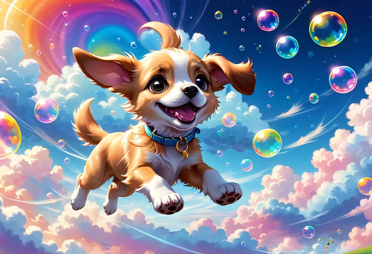 Fantasy illustrations，Cartoon animation，Puppy leaping over a rainbow，big ear，Star，Colorful Clouds，Fluffy Rainbow，Bubbles，Beautiful and dreamy
