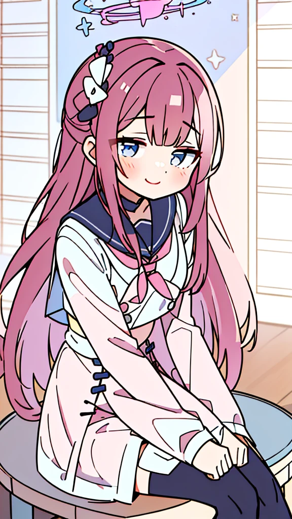 A woman with brown hair, bikini, girl,  labia, table,sitting gentle,panties, sailor uniform , wearing a pink and white sailor suit, blue eyes, racing girl, Du Qiong, smile, gentle, covering one eye, light blue eyes, hairpin, halodon't have excessive composition problems, masterpiece, perfect composition, fine characterization black stockings