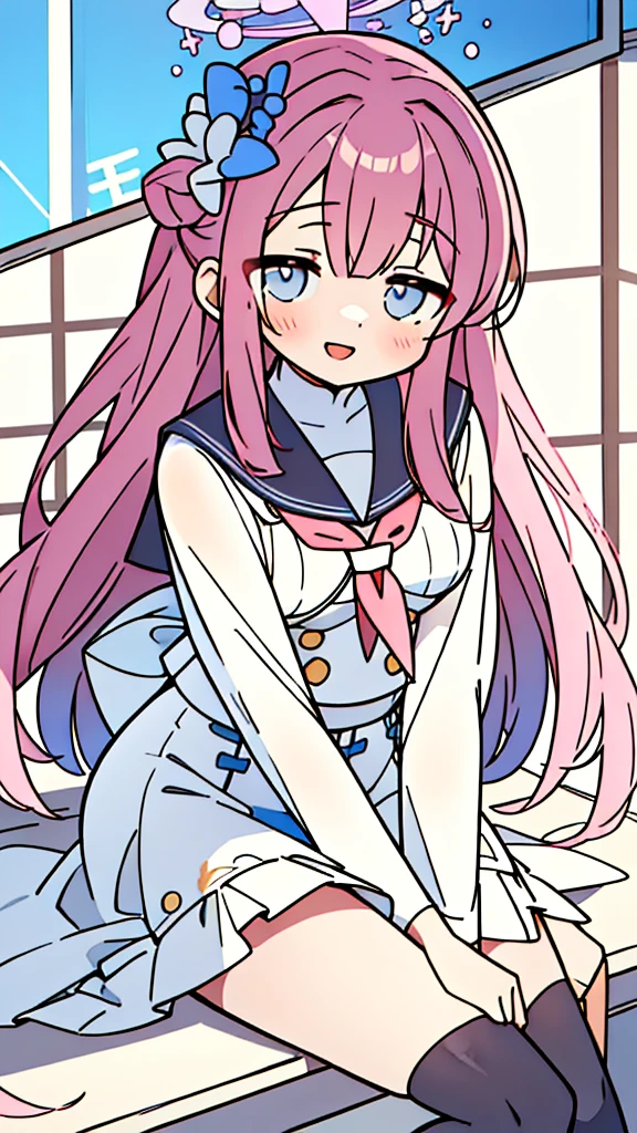 A woman with brown hair, bikini, girl, labia, table,sitting gentle,panties, sailor uniform , wearing a pink and white sailor suit, blue eyes, racing girl, Du Qiong, smile, gentle, covering one eye, light blue eyes, hairpin, halodon't have excessive composition problems, masterpiece, perfect composition, fine characterization black stockings