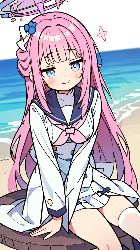 A woman with brown hair, bikini, girl,  labia, table,sitting gentle,panties, sailor uniform , wearing a pink and white sailor suit, blue eyes, racing girl, Du Qiong, smile, gentle, covering one eye, light blue eyes, hairpin, halodon't have excessive composition problems, masterpiece, perfect composition, fine characterization black stockings