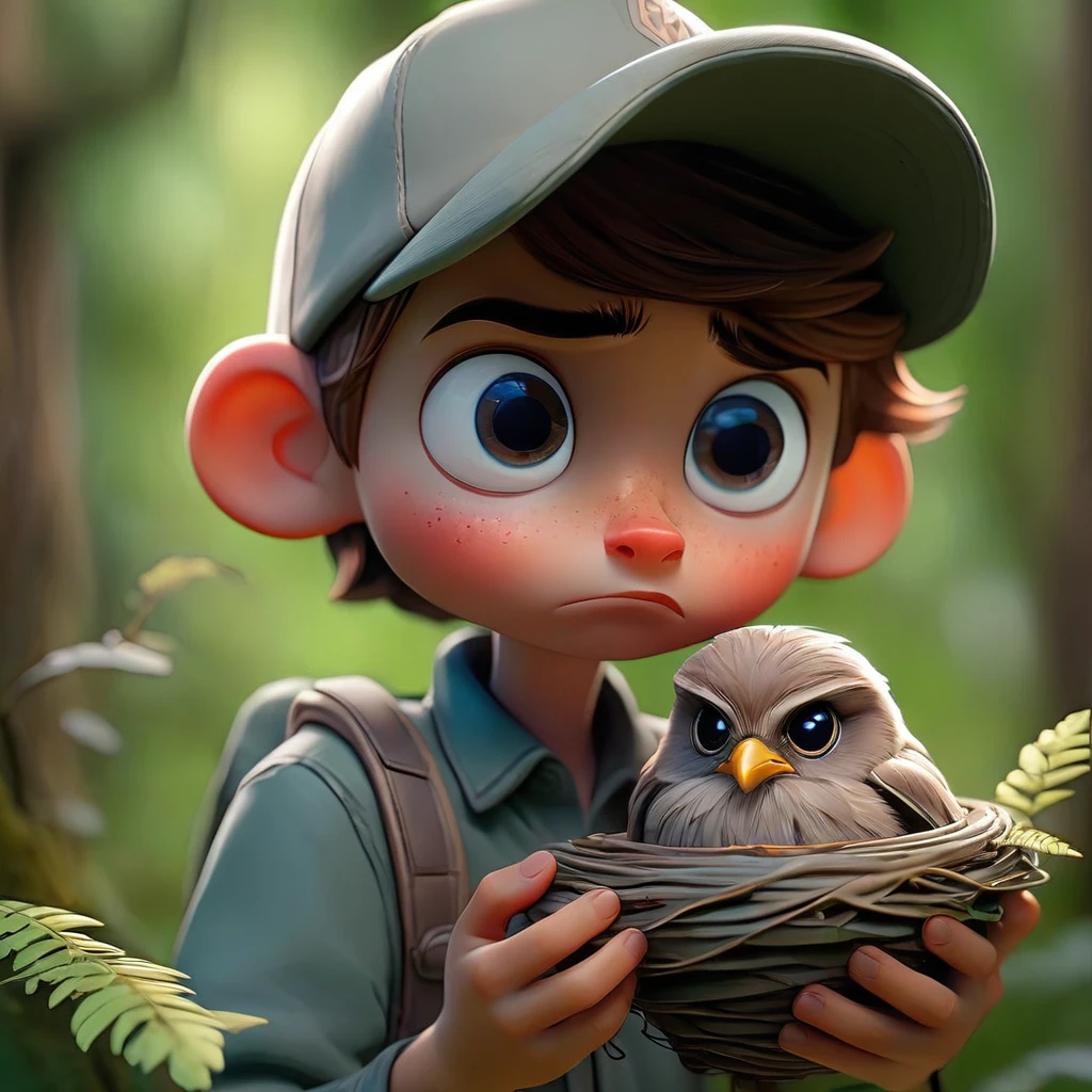 Boy wearing cap, looking at forest curious, holding an empty nest in your hands (Masterpiece artwork: 2.1) (realisitic: 1.2) (bokeh) (best qualityer) (skin detailed: 1.3) (details Intricate) (8k) (Detail eyes) (sharp focus) 2.1