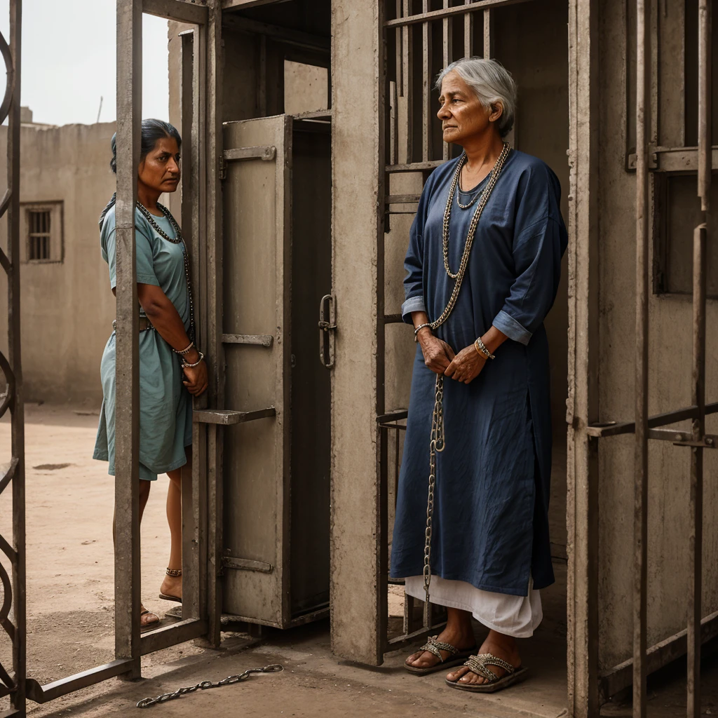 Old Indian lady prisoners, Specific clothing for female prisoners, in side the jail. And Handcuffed with heavy chains to prevent him from moving, his hair was cut short by prison guards.