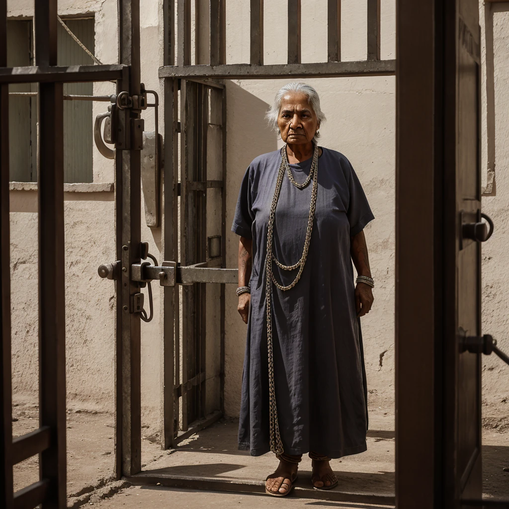 Old Indian lady prisoners, Specific clothing for female prisoners, in side the jail. And Handcuffed with heavy chains to prevent him from moving, his hair was cut short by prison guards.