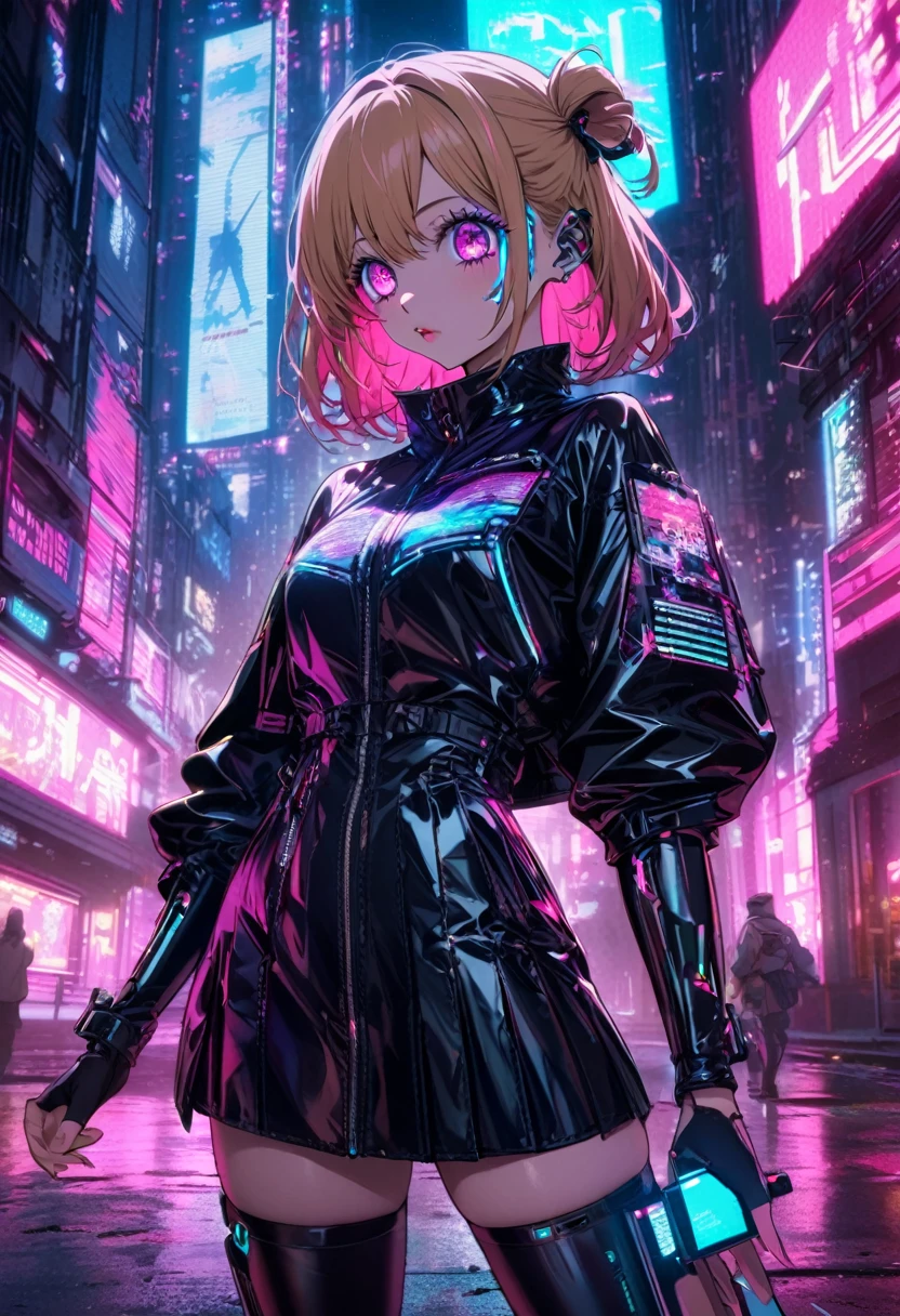 hoshino ruby,solo, oshi no ko, blonde hair, side tail, left pupil is star-shaped, cyberpunk fashion, futuristic outfit, young adult woman, high-tech photoshoot, neon lighting, dystopian urban background, masterpiece, best quality, absurdres
Outfit details:
Holographic bodysuit with circuit board patterns
Asymmetrical black mini-skirt with LED light trim
Clear PVC jacket with embedded flexible OLED displays
Accessories:
Cyber goggles with glowing LED accents
Metallic arm bands with touch-sensitive controls
Thigh-high boots with built-in holographic displays
Fingerless gloves with exposed circuitry
Multiple ear cuffs with blinking LED lights
Hairstyle:
Side tail maintained, but add some electric blue streaks
Undercut on one side with circuit pattern shaved in
Makeup:
Metallic eyeshadow in silver and electric blue
Holographic lip gloss
Small LED lights applied as face accessories
Pose:
Standing with one hand touching a holographic interface
Other hand holding a futuristic weapon or device
Confident, intense gaze through the cyber goggles
Background:
Dystopian cityscape with towering skyscrapers and flying vehicles
Neon signs and holographic advertisements
Moody atmosphere with strong contrasts between dark shadows and bright neon lights