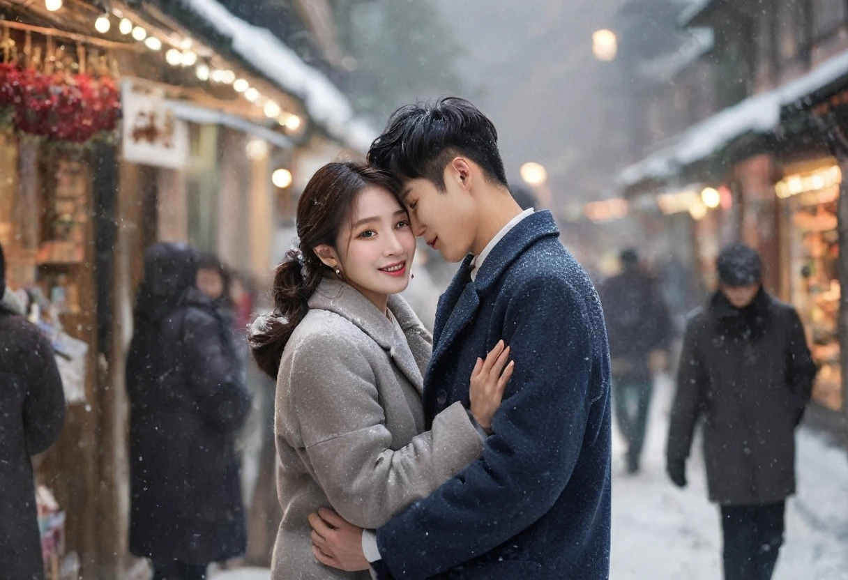 Romantic K-Drama photography style, korean,best quality,8K,high resolution,Very detailed,very clearly,Snowy Days,Commercial Street,(Many fashionable boys and girls are shopping),(Warm and lively atmosphere), Delicate texture,Smooth visible velvet,Wear pearl jewelry,High-end decoration,The male and female protagonists hugs,People around cheered and applauded