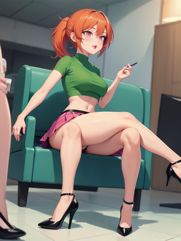  wide hips, thighs, Vicky, ponytail, lipstick, midriff, 1girl, green crop top, pink eyes, pleated mini skirt, orange hair ,solo girl, sitting, crossing legs, high heels