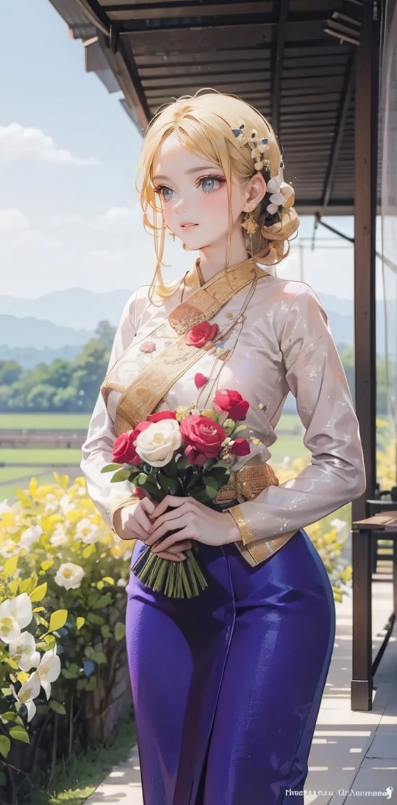 beautiful woman，folk girl，long, blonde hair , blue eyes , braid ,Purple Thai dress,กระโปรงไทยโบราณlong，holding a jasmine garland,countryside，countryside，beautiful scenery，Ayutthaya historical site，smile with teeth，forehead，forehead exposed，big ，rift, ,(2 young women ,beautiful woman),หน้าอกbig,Show your breasts,The cracks are clear....,((หัวนมbig))，(pubic bone), rift, visible chest,seductive pose,