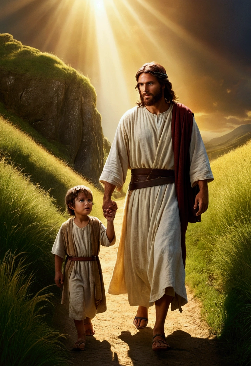 Jesus caminando en un sendero de pasto, Jesus caminando agarrando a un niño, Jesus, the lord and savior, biblical image, bright light masterpiece, 4k post, 4k post, epic biblical representation, beautiful image ever created, Greg Olsen, beautiful representation, 368k movie, ! holding in your hand ! walking backwards, biblical epic movie, Young God Almighty
