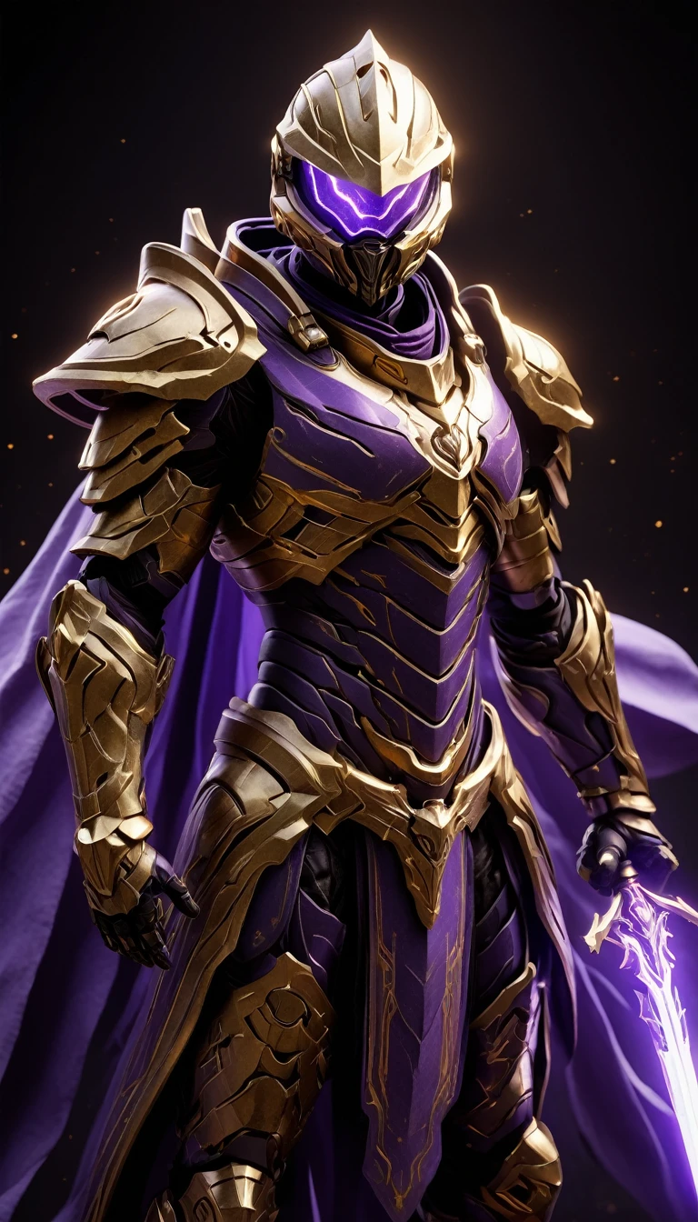 Masterpieces, Female, Holy Gold Knight, Action style shot, (Battle Priest in a warframe and halo style armor wielding a staff imbued with radiant purple light, emanating potent purple light magic.), (purple and gold and white color scheme), (cross on chest), (white cape and hood), (action shot: holding staff), white and purple tabard (solid gold color background), (Purple magic effects), centered, full body shot fighting, sci-fi knight, Halo master chief, vibrant colors, visible figure joints, cinematic shot, volumetric lighting, intricate pattern detail, highly detailed