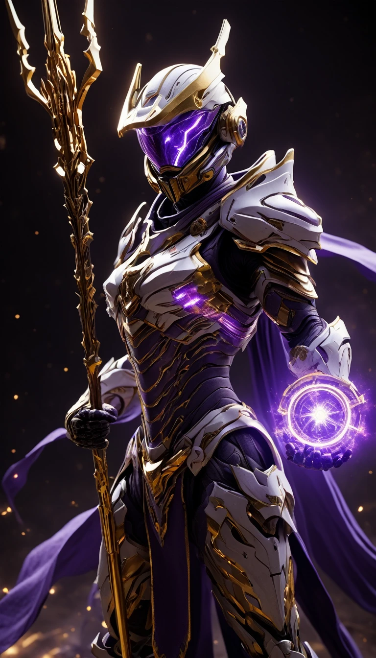 Masterpieces, Female, Holy Gold Knight, Action style shot, (Battle Priest in a warframe and halo style armor wielding a staff imbued with radiant purple light, emanating potent purple light magic.), (purple and gold and white color scheme), (cross on chest), (white cape and hood), (action shot: holding staff), white and purple tabard (solid gold color background), (Purple magic effects), centered, full body shot fighting, sci-fi knight, Halo master chief, vibrant colors, visible figure joints, cinematic shot, volumetric lighting, intricate pattern detail, highly detailed