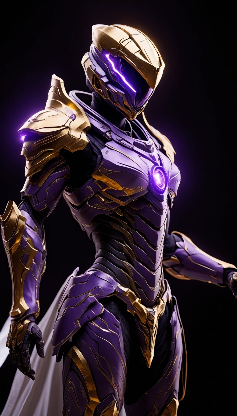 Masterpieces, Female, Holy Gold Knight, Action style shot, (Battle Priest in a warframe and halo style armor wielding a staff imbued with radiant purple light, emanating potent purple light magic.), (purple and gold and white color scheme), (cross on chest), (white cape and hood), (action shot: holding staff), white and purple tabard (solid gold color background), (Purple magic effects), centered, full body shot fighting, sci-fi knight, Halo master chief, vibrant colors, visible figure joints, cinematic shot, volumetric lighting, intricate pattern detail, highly detailed