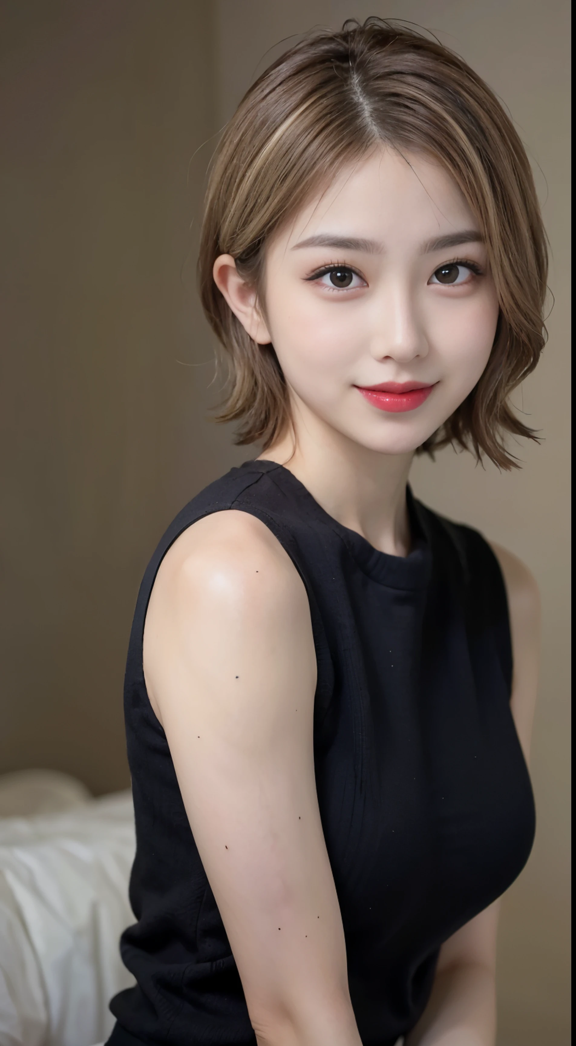 blush a little and smile, (Top quality masterpiece:1.2) Delicate illustrations, Very detailed, /Beautiful Japanese Women、1 person,Very cute and slim、Great style 、((8k images、super high quality))、Very delicate face, Big Breasts、Skin and Hair、beautifule forehead、Red lipstick、(((((short hair、Blonde、lure))))),Very cute Japanese cut face、Eyes and nose are clearly visible、Kind eyes,((((Black sleeveless fashion))))