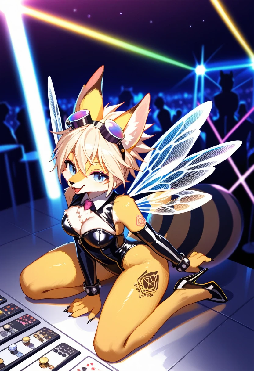 Highest quality, Highest quality, High quality illustrations, masterpiece, Ultra-high resolution, Detailed Background, club, Disco, Absurd, Perfect Anatomy, performance, Good lighting, Shadows in the movies(kemono, Furry Personifi猫ion), bee, Honey Latex, bee蜜のローション, neon, neonカラー, cyber punk, 蜜beeの衣装, 蜜beeコスプレ, ラバーの蜜beeの尻尾, Bee Wings, enamel, bee蜜のプール, bee蜜のローションを浴びている, bee蜜のスライムを纏っている, Kneeling, Tattoo, High heels, Dynamic Angle