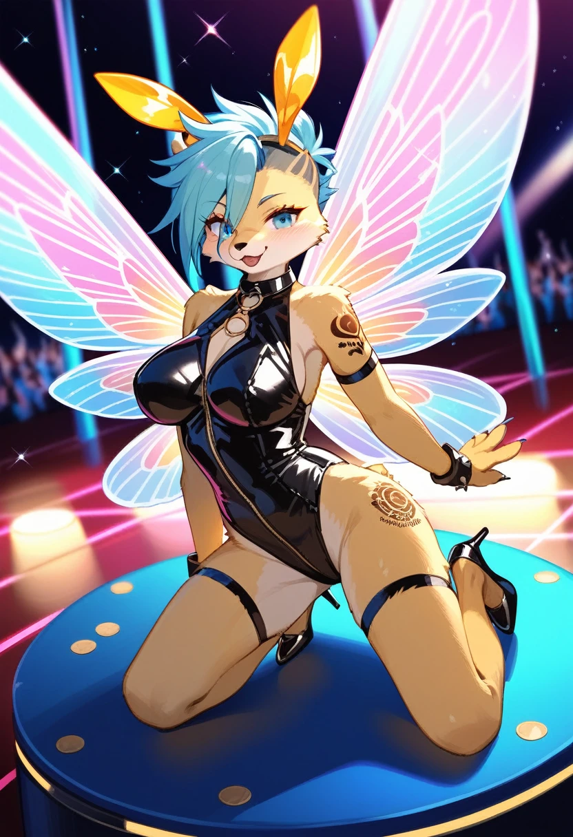 Highest quality, Highest quality, High quality illustrations, masterpiece, Ultra-high resolution, Detailed Background, club, Disco, Absurd, Perfect Anatomy, performance, Good lighting, Shadows in the movies(kemono, Furry Personifi猫ion), bee, Honey Latex, bee蜜のローション, neon, neonカラー, cyber punk, 蜜beeの衣装, 蜜beeコスプレ, ラバーの蜜beeの尻尾, Bee Wings, enamel, bee蜜のプール, bee蜜のローションを浴びている, bee蜜のスライムを纏っている, Kneeling, Tattoo, High heels, Dynamic Angle