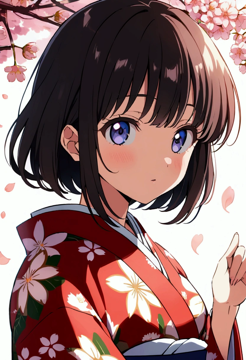 Against the background of cherry trees　Girl in floral kimono　Anime Style