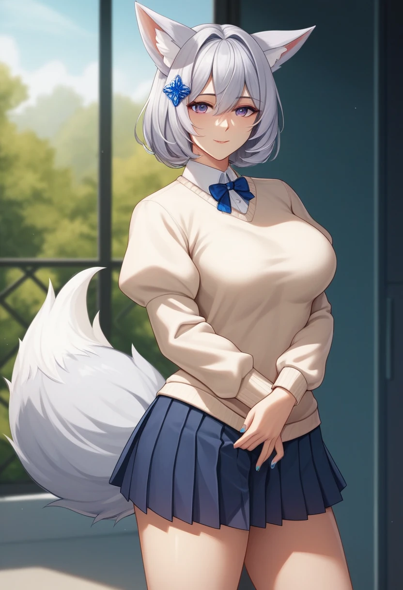 (masterpiece, best quality:1.2)((silver white hair))((violet eyes)),solo,1girl,((eyes tilted outwards)), ((standing_fox_ears)),((fluffy_fox_tail)), milf ,averting_eyes,hair_between_eyes,basic_blue_hairpin,blue_nail_polish,bob_hair,short_hair, (medium breasts), puffy_sleeves, pleated_skirt, girly_clothes, sweater_shirt (close up photo)