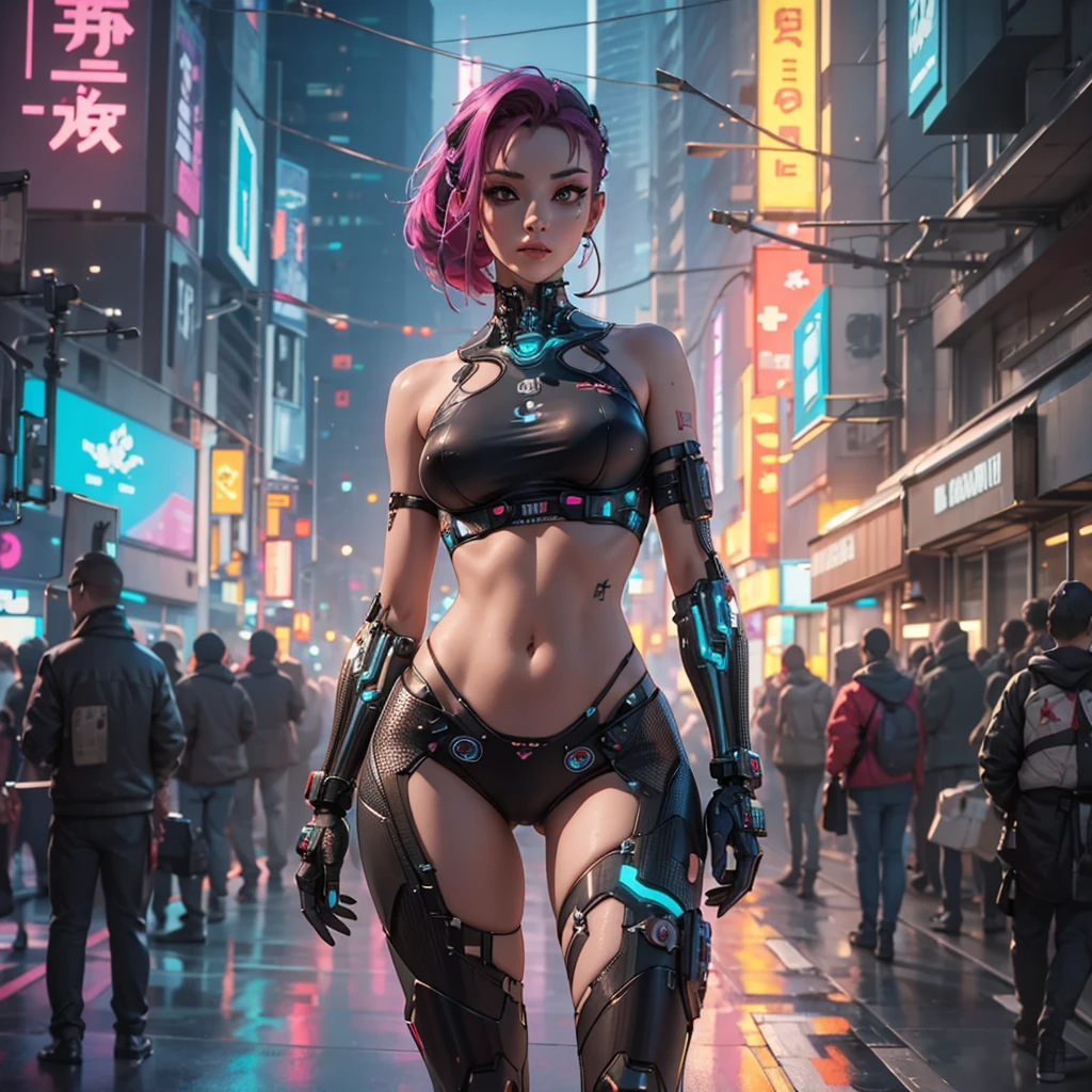 , , cyberpunk Girl ,  ,full body picture, robot implants, circuit body,thin micro bikini, ,,beautyful face,  ,sharp picture, high quality, ultrarealistic, 3D, bigital illustration, Cyberpunk style,