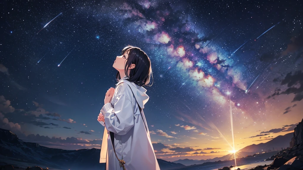 milky way、meteor、A woman praying, looking up at the sky、20-year-old、Black Hair