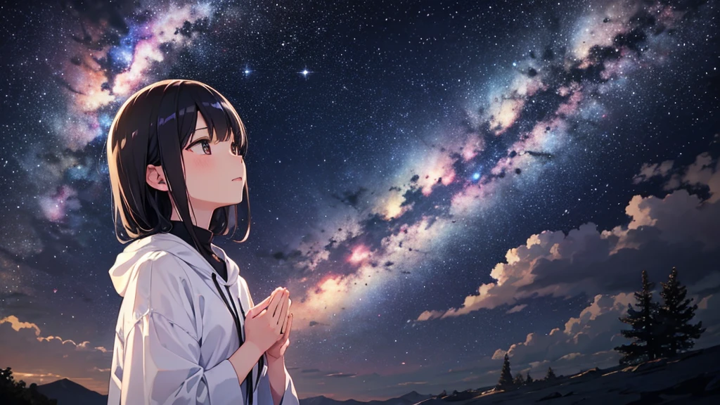 milky way、meteor、A woman praying, looking up at the sky、20-year-old、Black Hair