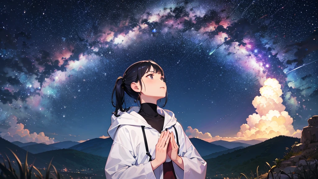 milky way、meteor、A woman praying, looking up at the sky、20-year-old、Black Hair