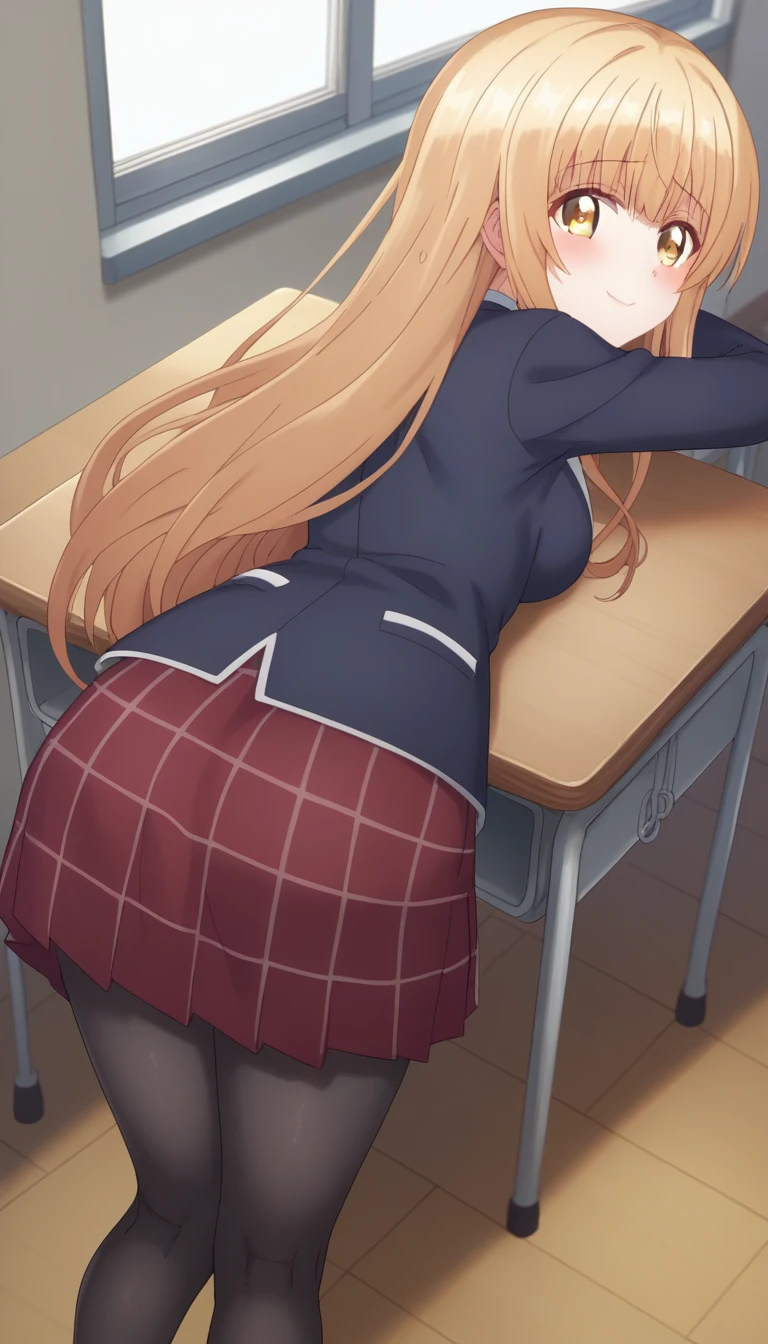 score_9, score_8_up, score_7_up, rating_explicit, 1girl, solo, MahiruShiina, otonari no tenshi-sama ni itsu no mani ka dame ningen ni sarete ita ken, shiina mahiru \(otonari no tenshi-sama\), yellow eyes, blonde hair, long hair, straight hair, medium breasts, , blazer, blue jacket, skirt, red skirt, plaid skirt, miniskirt, pantyhose, black pantyhose, from behind, cowboy shot, leaning forward, looking at viewer, looking back, from above, looking up, indoors, classroom, window, school desk, blush, smile, closed mouth
