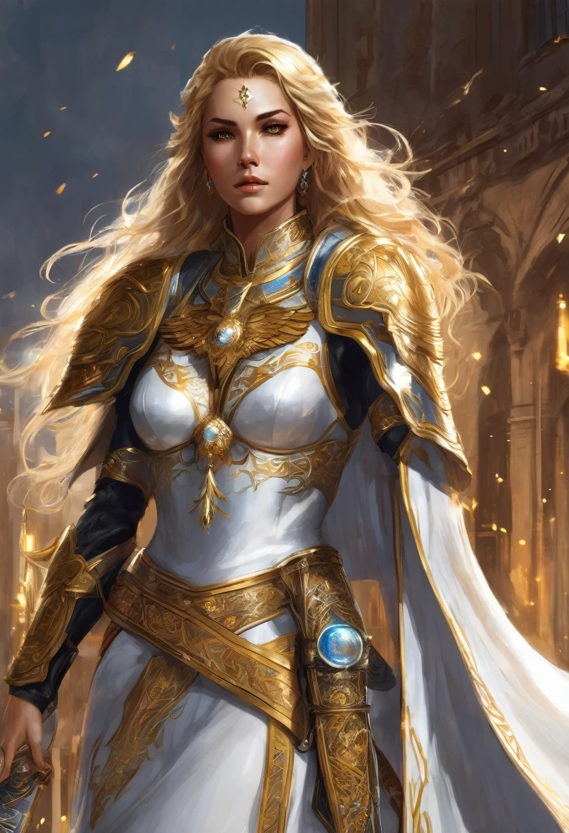 A powerful and striking portrait of Zarael Dawnbringer, a level 20 Aasimar Paladin of Vengeance. Her long, wavy golden hair falls gracefully, contrasting with her piercing silver eyes that gaze forward with determination. Her celestial wings are poised to manifest, and the mark on her forehead emits a soft glow. Clad in elegant silver armor adorned with sacred symbols, she wears a flowing white cape with golden embroidery. Her radiant long sword glimmers in her hand, ready to uphold justice. As a symbol of nobility and justice, Zarael embodies the spirit of a compassionate and steadfast warrior.