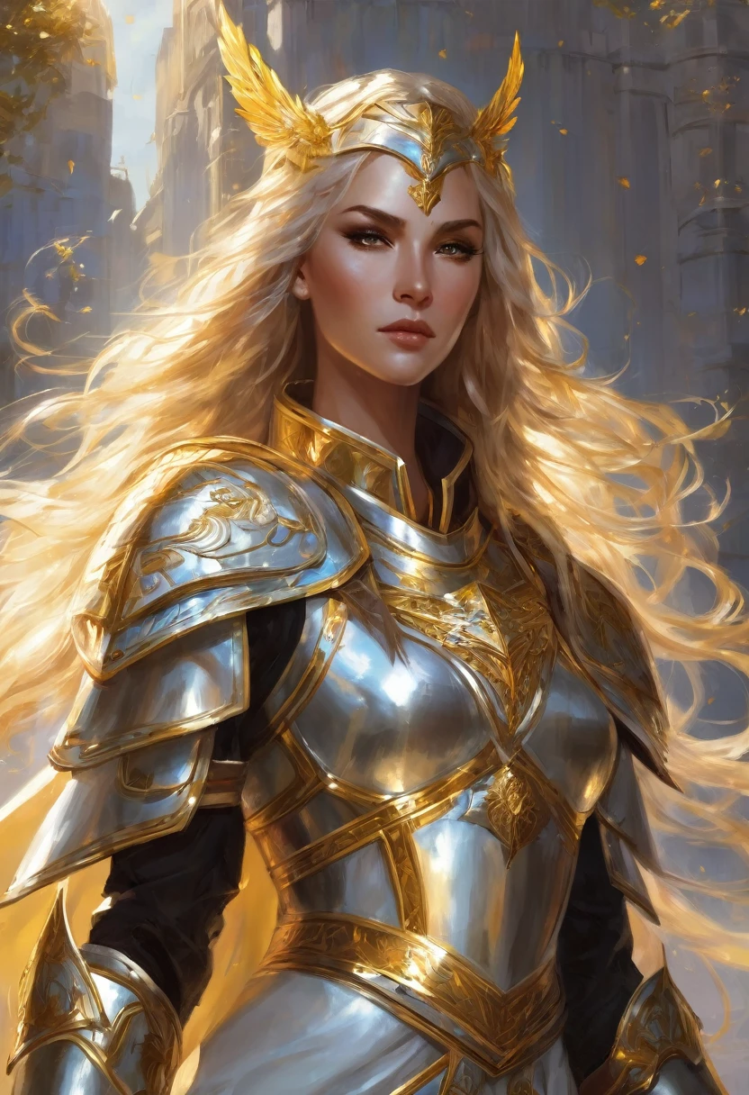 
A powerful and striking portrait of Zarael Dawnbringer, a level 20 Aasimar Paladin of Vengeance. Her long, wavy golden hair falls gracefully, contrasting with her piercing silver eyes that gaze forward with determination. Her celestial wings are poised to manifest, and the mark on her forehead emits a soft glow. Clad in elegant silver armor adorned with sacred symbols, she wears a flowing white cape with golden embroidery. Her radiant long sword glimmers in her hand, ready to uphold justice. As a symbol of nobility and justice, Zarael embodies the spirit of a compassionate and steadfast warrior.