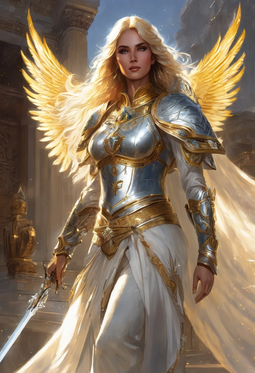A powerful and striking portrait of Zarael Dawnbringer, a level 20 Aasimar Paladin of Vengeance. Her long, wavy golden hair falls gracefully, contrasting with her piercing silver eyes that gaze forward with determination. Her celestial wings are poised to manifest, and the mark on her forehead emits a soft glow. Clad in elegant silver armor adorned with sacred symbols, she wears a flowing white cape with golden embroidery. Her radiant long sword glimmers in her hand, ready to uphold justice. As a symbol of nobility and justice, Zarael embodies the spirit of a compassionate and steadfast warrior.