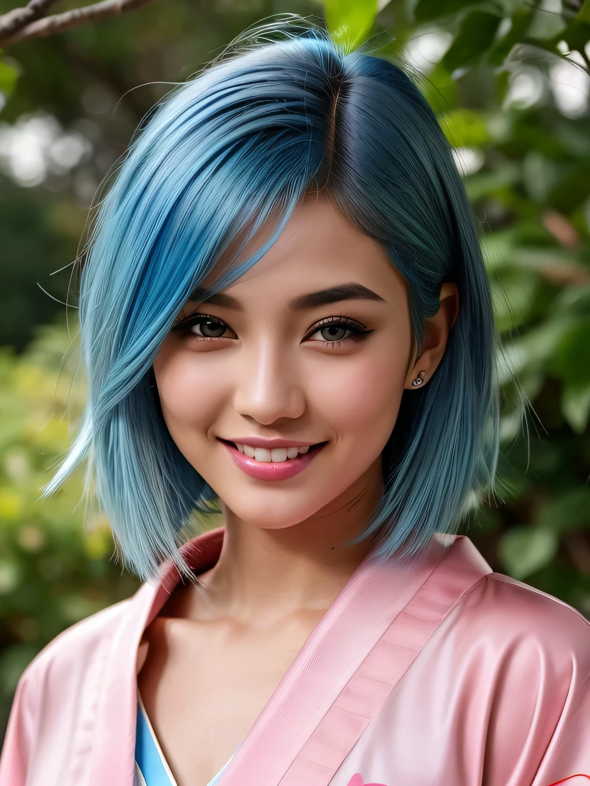 (blue hair:1.4), short hair, realistic green eyes, cobalt hair, long bob hair, tousled hair, shoulder length hair, Full body, woman with white skin and Asian features, 24 year old, big breast. She has a small, elegant nose with a slight upward curve at the tip. Her lips are full and naturally pink, with a well-defined Cupid's bow. Her teeth are straight and white, enhancing her captivating smile. Her face has an oval shape with high cheekbones that add to her model-like appearance. highly detailed glowing eyes, specular light, extreme quality, crystal clear, cute face, detailed skin pores, oil Dark skin, brown, complex eye details, 8K, Best Quality, Face Focus, Soft light, A high resolution, (Photorealistic:1.4), Raw photo,Highlight the valley Japan girls, Cute, (pupils on, Light in the eyes), Detailed beautiful face, Cute smile,(Pink Kimono:1.3) , Kimono、(short hair:1.2), (short hair:1.3), (short hair:1)
