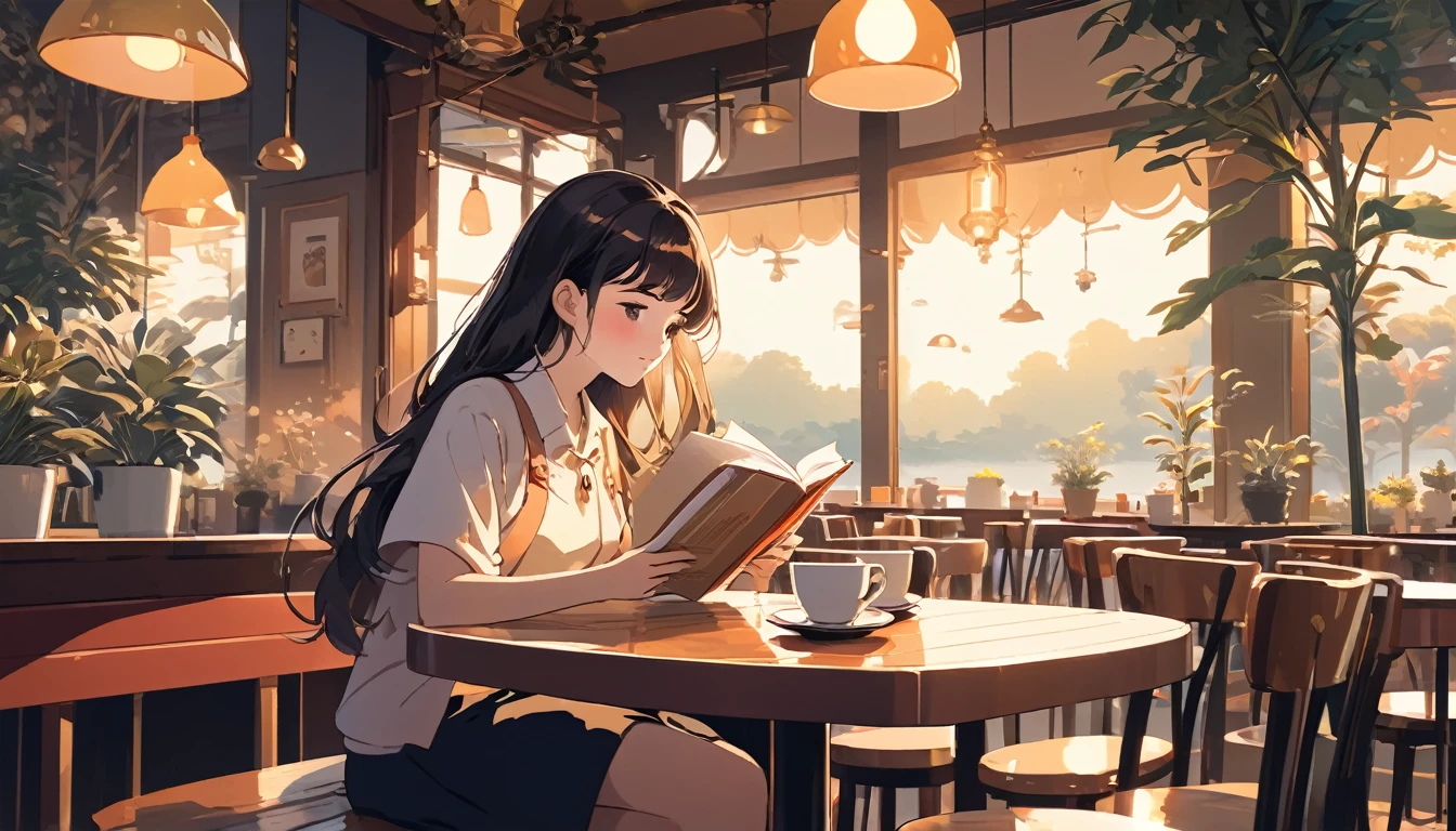 Woman reading in cafe、, Wide-angle lens, Lofi Animation, Lofi Illustrations, Aesthetic atmosphere, Low-fidelity style, Vector Art, flat design, Simple shape, Warm colors, pleasant ambiance, chill, Anime style, Digital drawing, Vector Art, Vector logo for t-shirt printing, (Lovely:1.5), (small:1.4), (Fun:1.2), (Soft:1.3), (Fantastic:1.1), masterpiece, best quality, 8K, Intricate details, Growth, Heavenly, mystery, picturesque, Astonishing, majestic, magic, Fantasy Art, Cover Art, Like a dream