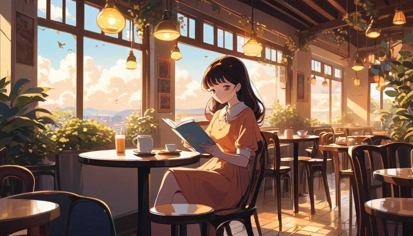 Woman reading in cafe、, Wide-angle lens, Lofi Animation, Lofi Illustrations, Aesthetic atmosphere, Low-fidelity style, Vector Art, flat design, Simple shape, Warm colors, pleasant ambiance, chill, Anime style, Digital drawing, Vector Art, Vector logo for t-shirt printing, (Lovely:1.5), (small:1.4), (Fun:1.2), (Soft:1.3), (Fantastic:1.1), masterpiece, best quality, 8K, Intricate details, Growth, Heavenly, mystery, picturesque, Astonishing, majestic, magic, Fantasy Art, Cover Art, Like a dream