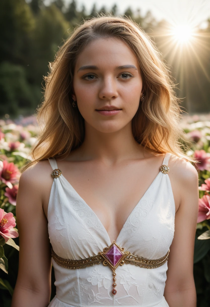 score_9, score_8_top, score_7_top, score_6_top, score_5_top, score_4_top, a beautiful woman, goddess of love, beauty and sexuality, flowing white dress, golden hair, piercing blue eyes, ornate jewelry, ethereal glowing aura, serene expression, romantic landscape, rolling hills, blooming flowers, warm sunlight, (best quality,4k,8k,highres,masterpiece:1.2),ultra-detailed,(realistic,photorealistic,photo-realistic:1.37),hyperrealistic,dramatic lighting,cinematic composition,dreamlike atmosphere,vibrant colors,intricate details