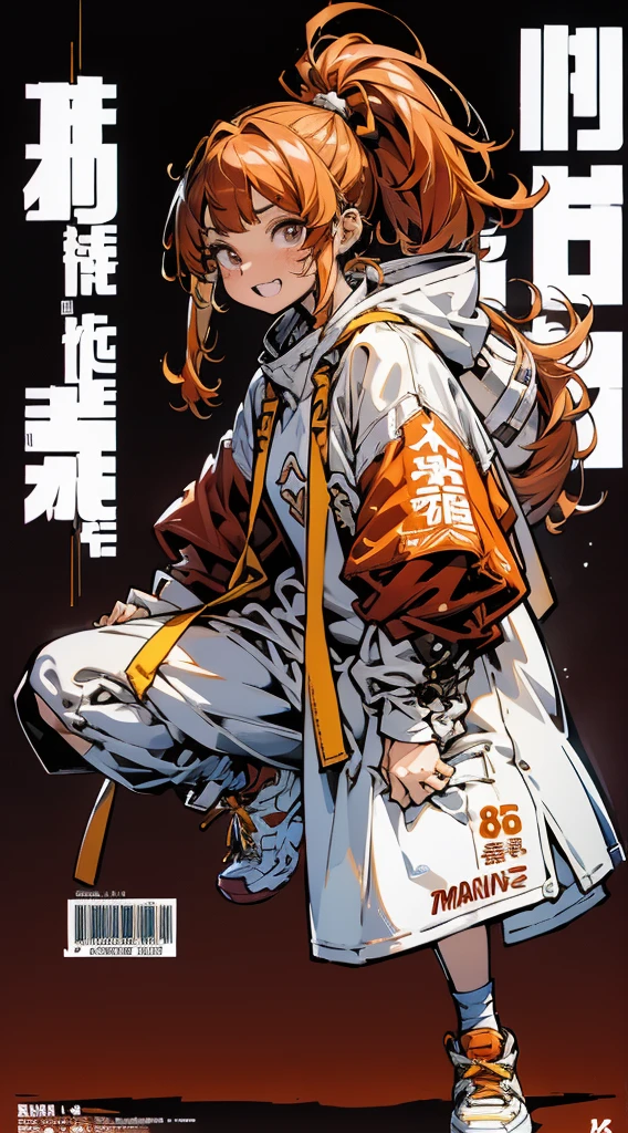 A character based on a chestnut boar, サイバーパンク, Wearing big sneakers, Magazine Cover, Simple Background, crouch start, Boar ears, long hair, ponytail, crazy, tsurime, crazy eyes, clenched teeth, projected inset, UHD, best quality, highres, 8k