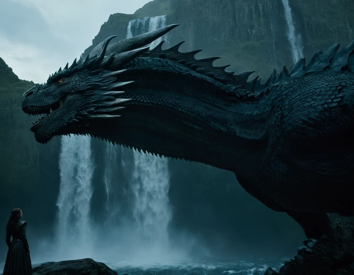 cinematic film still of Film Grain style Chiaroscuro Lighting style In medieval times, close up shot of massive Dragon' face sits by the waterfall, black shiny dragon, 1girl standng in front of the dragon,outdoors,sky,scenery,1other,black theme,fantasy,dragon,riding , cinematic, film, movie still, movie style, film style, fantasy drama, epic drama, dramatic light, dramatic shadow, fictional, Age of Wonders, Age of Empires, warriors, Medieval style, middle ages, dungeons and dragons style, contrast, color, different people, different, unique, kingdoms and castles style, friendly, tame, detailed, perfection, detailed face, detailed body, detailed hands, detailed eyes, sharp, Game of Thrones style, shallow depth of field, vignette, highly detailed, high budget, bokeh, cinemascope, moody, epic, gorgeous, film grain, grainy